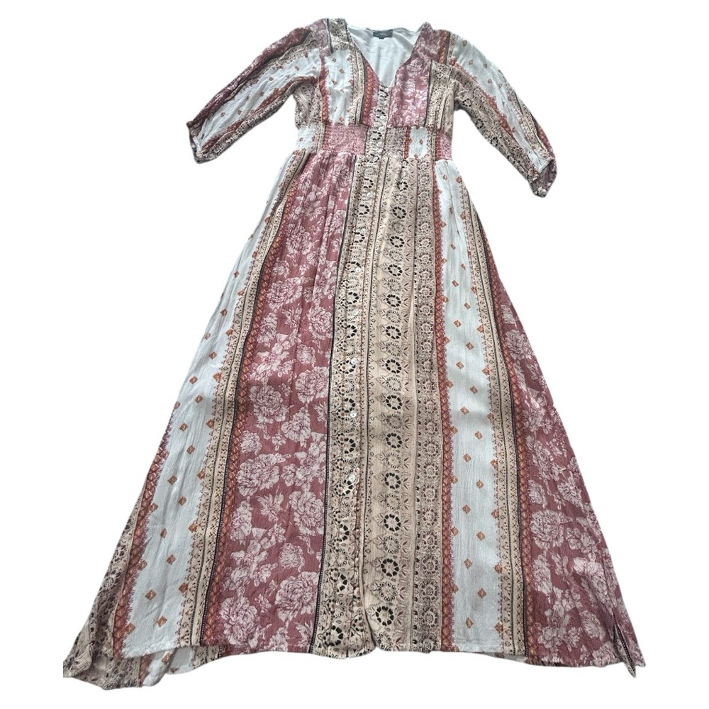 Bohemian Maxi Dress with Floral and Geometric Patterns